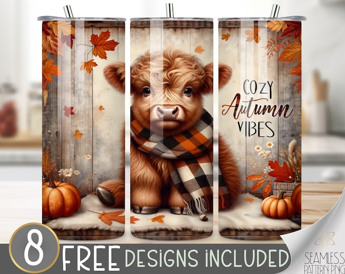 Fall Highland Cow Tumbler Wrap, Cozy Autumn Vibes Tumbler Wrap Png Digital Download Only,Fall Season Sublimation Design, Cozy Season Tumbler