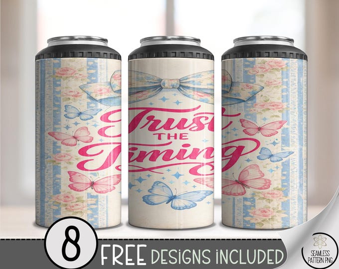 Inspirational "Trust the Timing" 4-in-1 Can Cooler Wrap, Pastel Sublimation Design, 16 oz File, Digital Download, B10259