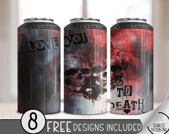 Skull Valentine 4 in 1 Can Cooler Wrap, Anti Valentine's Day 4in1 Tumbler PNG, Gothic 16 Oz Can Cooler Sublimation Design Seamless File Png