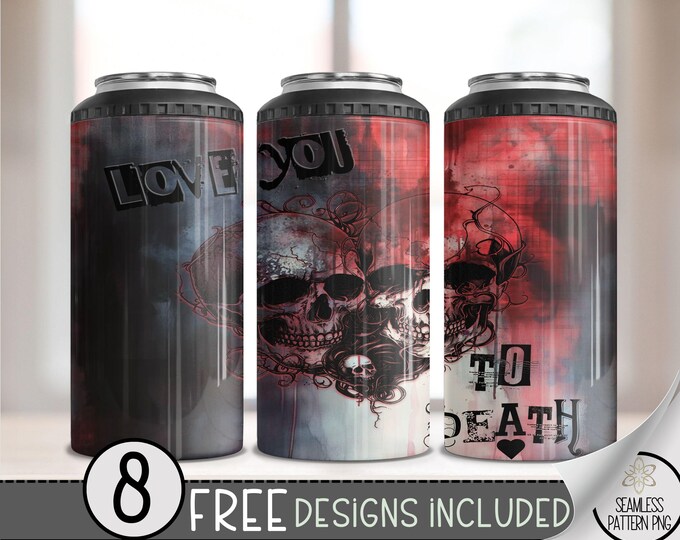 Skull Valentine 4 in 1 Can Cooler Wrap, Anti Valentine's Day 4in1 Tumbler PNG, Gothic 16 Oz Can Cooler Sublimation Design Seamless File Png