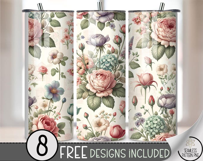 Seamless 20 oz tumbler wrap: Victorian Floral Digital Download, Rose Sublimation Design for Skinny Tumblers, Vintage Chic PNG Files A847