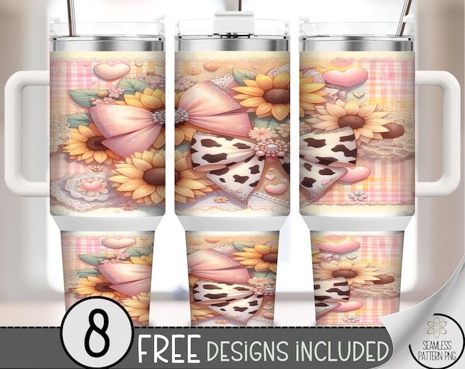 Cow Bow Pink Sunflower 40 oz Tumbler Wrap PNG, Western Gingham Country Girl Sublimation Wrap, Cute Cow Print Design, A386