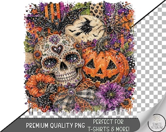 Halloween Sublimation Design, Sugar Skull Pumpkin UV DTF Graphic, Spooky Clip Art, Digital Download, B10479