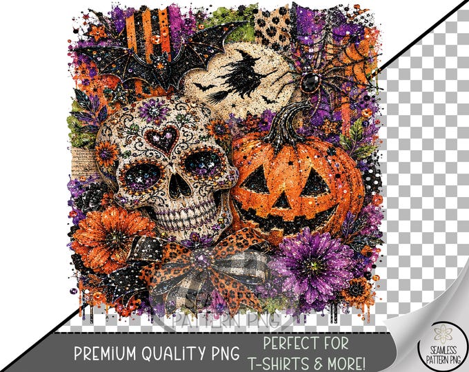 Halloween Sublimation Design, Sugar Skull Pumpkin UV DTF Graphic, Spooky Clip Art, Digital Download, B10479