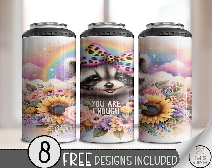 You Are Enough 4in1 Can Cooler Wrap, Pastel Raccoon Sublimation Design, Leopard Affirmation Cooler Wrap File, Rainbow Sunflower Can PNG A510
