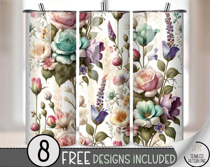 Victorian Flowers PNG, Vintage Floral for 20 oz Tumbler Wrap, Sublimation Design, Digital Download, B991