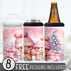 Christmas Gingerbread 4in1 Can Cooler Wrap, Pink Xmas 4 in 1 Tumbler PNG, Cute Gingerbread Man 16 Oz Can Cooler Sublimation Design, Winter