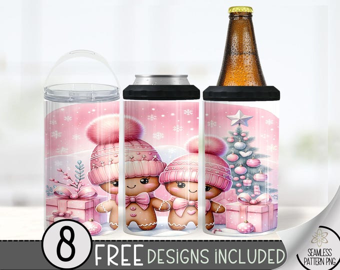 Christmas Gingerbread 4in1 Can Cooler Wrap, Pink Xmas 4 in 1 Tumbler PNG, Cute Gingerbread Man 16 Oz Can Cooler Sublimation Design, Winter
