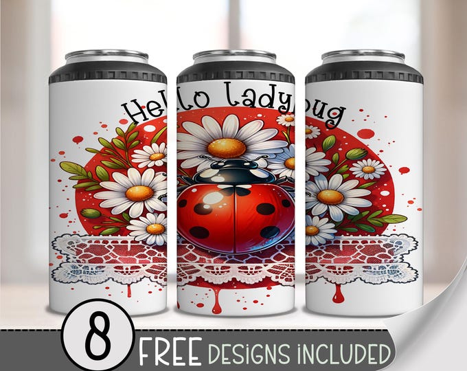 Ladybug 4 in 1 Can Cooler Wrap, Love Bug 4in1 Tumbler PNG, Lace Lady Bug PNG 16oz Sublimation Design, Lacey Summer Can Wrap, Daisy PNG A206