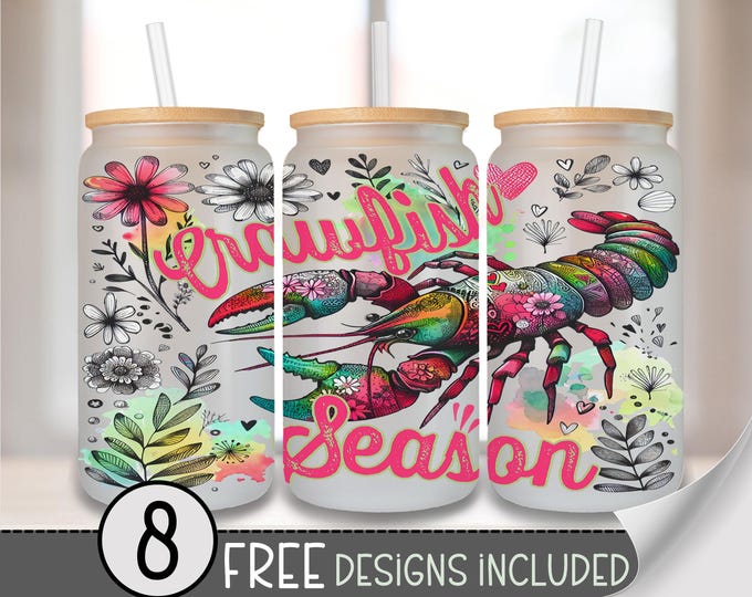 Crawfish Glass Wrap, Fisherman Aesthetic 16 Oz Glass Can Wrap PNG, Crawdad Preppy Crawfish Season Glass Can Sublimation Design, A235
