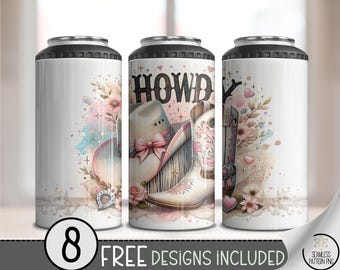 Cowgirl 4-in-1 Can Cooler Wrap PNG, 4in1 Howdy Western Boots Hat Floral Sublimation, 16 oz Rodeo Drink Wrap for Slim Can or Bottle A266
