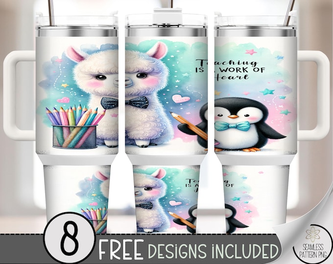 Teaching Is a Work of Heart PNG, Cute Alpaca and Penguin Teacher Design, 40 oz Tumbler Wrap for Sublimation, Pencil and Stars Theme, A312