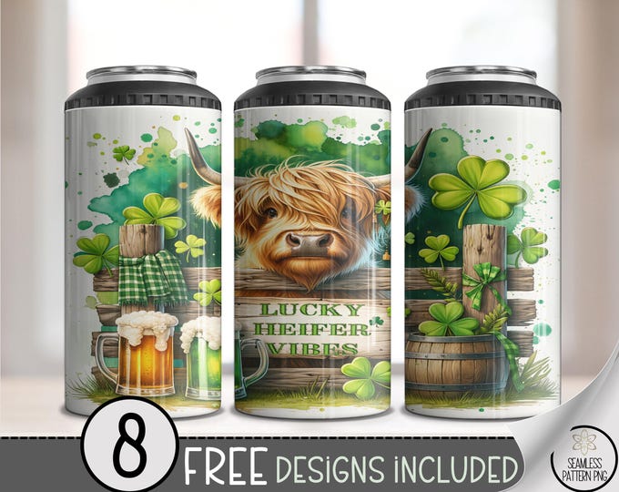 Lucky Cow Can Cooler Wrap PNG, 16 oz 4 in 1 Highland Cute Heifer Digital Download, Sublimation Design, A716