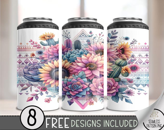 Boho Sunflower Succulent 4 in 1 Can Cooler Wrap, Aztec Floral 4in1 Tumbler PNG, Country Western 16 Oz Can Cooler Sublimation Design, A102