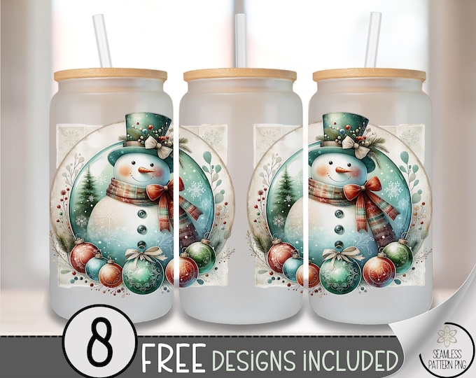 Vintage Glass Can Wrap, Retro 16oz Glass Tumbler Sublimation Design, Digital Download, Snowman Holiday PNG File Vintage Ornaments A552