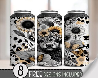 Leopard Highland Cow 4in1 Can Cooler Wrap, Leopard Sunflower 4 in 1 Tumbler PNG, Black & White Cow 16 Oz Can Cooler Sublimation Design, A210
