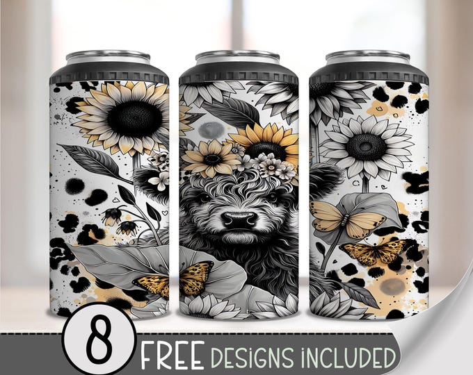 Leopard Highland Cow 4in1 Can Cooler Wrap, Leopard Sunflower 4 in 1 Tumbler PNG, Black & White Cow 16 Oz Can Cooler Sublimation Design, A210