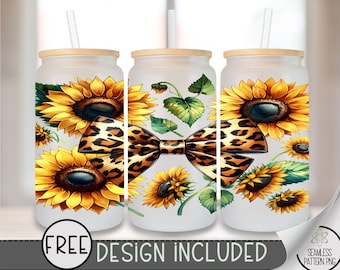 Cute Coquette Bow Glass Wrap, Sunflower 16 Oz Glass Can Wrap PNG, Floral Glass Can Sublimation Wrap Design, Cute Leopard Coquette Bow, A148