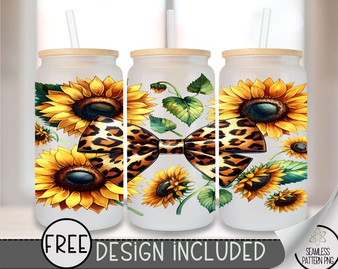 Cute Coquette Bow Glass Wrap, Sunflower 16 Oz Glass Can Wrap PNG, Floral Glass Can Sublimation Wrap Design, Cute Leopard Coquette Bow, A148