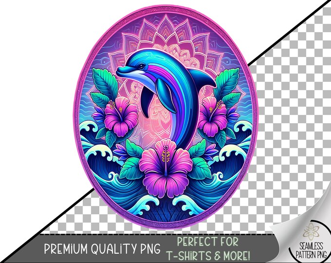 Neon Dolphin PNG, Mandala Sublimation Designs, Fisherman Aesthetic Png, Beach Png, Summer Dolphin Design, Boho Floral Dolphin File A225