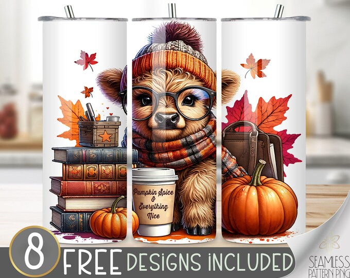Highland Cow Tumbler Wrap, Book Stack 20 oz Tumbler Sublimation Designs, Pumpkin Spice Cow Tumbler File, Cute Highland Cow Tumbler Design