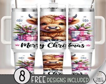 Seamless Christmas Highland 40 oz tumbler wrap: Merry Christmas Sublimation Design, Xmas Digital File, A584