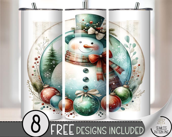 Retro 20 oz tumbler wrap: Snowman Digital Download Sublimation Design for Skinny Tumblers, Cute Holiday PNG Files Christmas Design A552