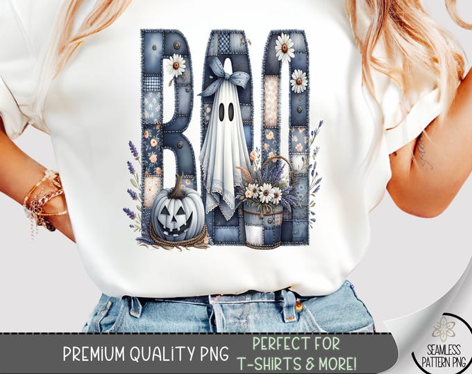 Halloween Patchwork Boo T-Shirt Design, Spooky Ghost and Pumpkin PNG, Retro Style, Sublimation and DTF Print, Fall Shirt Graphic A420