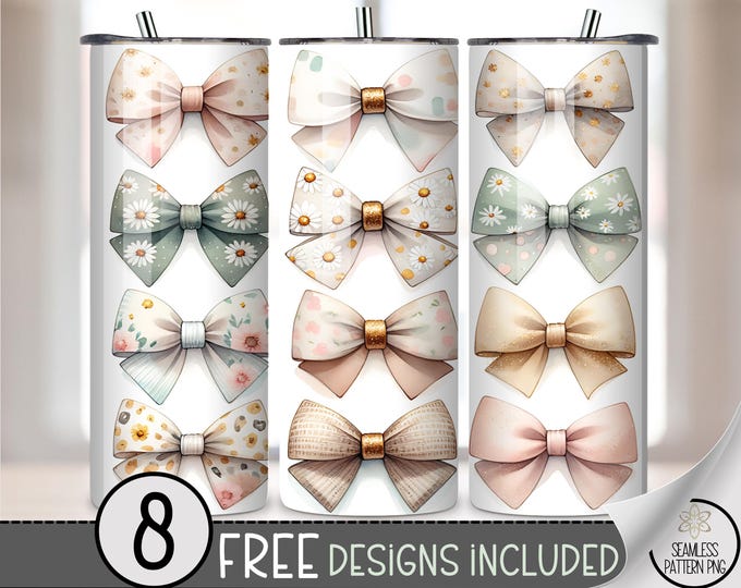 Coquette Bow PNG, 20 oz Tumbler Wrap, Spring Sublimation Design For Cute Patterns, Pastel Bows, B918