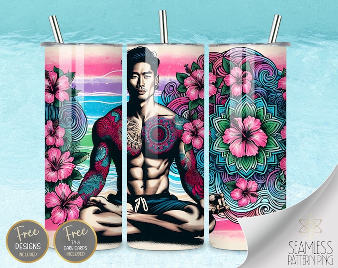 Hibiscus Mandala Tumbler, Asian Man Tumbler, Asian Guy Sublimation Files, Meditation Tumbler Wrap, Ocean Wave 20oz Straight Tumbler Wrap