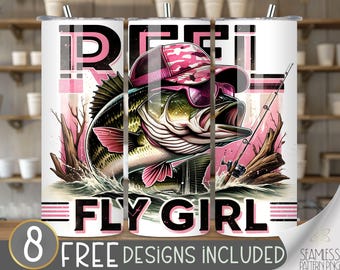 Reel Fish Tumbler Wrap, Reel Fly Girl 20 oz Tumbler Sublimation Designs, Camo Fish Tumbler File, Large Mouth Bass Tumbler Design, Cool fish