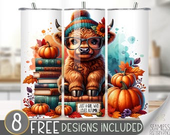 Just a girl who tumbler wrap, Autumn 20 oz sublimation tumbler design, cute highland cow books tumbler file, Just a girl who loves Autumn