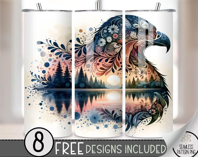 Floral Eagle Tumbler Wrap, Flower Sunset 20oz Sublimation Design PNG, Ethereal 20Oz Skinny Tumbler File, Boho Lake Tumbler Sublimation PNG