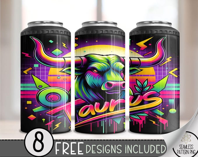 Zodiac 4 in 1 Can Cooler Wrap, Neon Taurus 16 Oz 4in1 Tumbler Sublimation Design Astrology Sign, Airbrush Zodiac Signs Can Wrap PNG Download