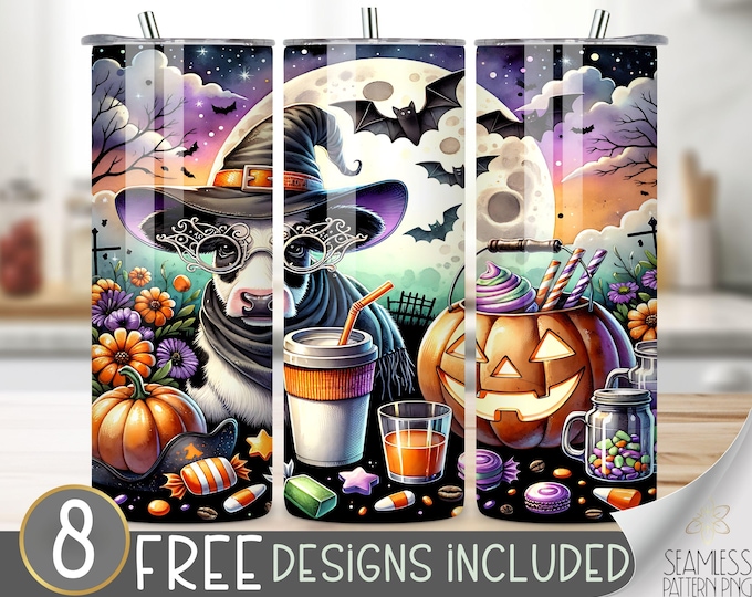 Halloween highland cow tumbler wrap, cute cow 20 oz skinny tumbler sublimation design, jack o lantern tumbler wrap, pumpkin tumbler design