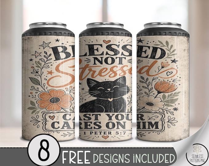Black Cat 4-in-1 Can Cooler Wrap, Blessed Not Stressed Sublimation Design Cozy Rustic, B10292