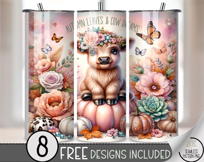 Autumn Highland Cow Tumbler Wrap, 20 oz Fall Sublimation Design, Rustic Pumpkin Digital Download for Cow Lovers A468