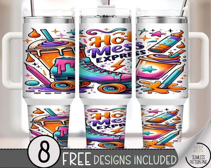Hot Mess Express 40 oz Tumbler Wrap PNG, Neon Roller Skates & Retro Art Sublimation, Colorful Chaos Drink PNG, A350