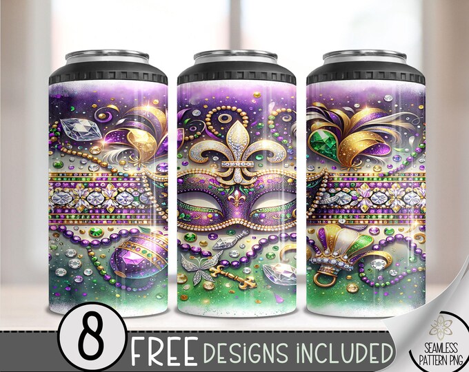 Mardi Gras 4 in 1 Can Cooler Wrap, Western Tumbler Wrap Fleur De Lis 4in1 Tumbler PNG, Colorful Mask 16 Oz Can Cooler Sublimation Design