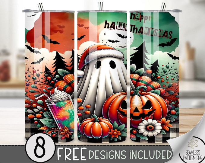 Happy Hallothanksmas Tumbler Wrap, Cute Ghost Png 20oz Skinny Sublimation Tumbler Design, Hallothanksmas Png, Hallothanksmas Sublimation
