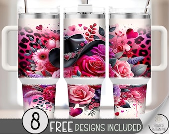 Cowgirl Roses PNG, Valentine's Cowboy Hat 40 Oz Tumbler Wrap, Romantic Country Glam Design, B842