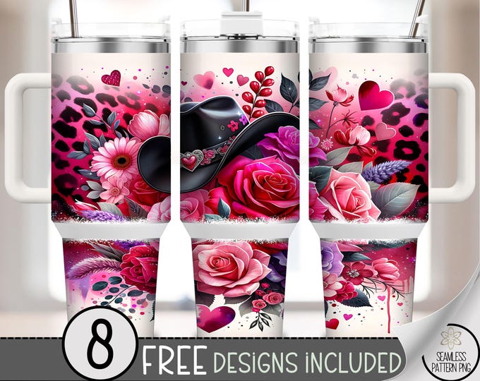 Cowgirl Roses PNG, Valentine's Cowboy Hat 40 Oz Tumbler Wrap, Romantic Country Glam Design, B842