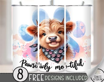 Cute Highland Cow Tumbler Wrap, Pawsitivity 20Oz Skinny Tumbler Wrap PNG, Funny Highland Cow Tumbler Sublimation Design, Mootiful Cow