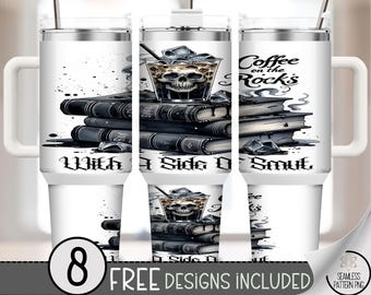 Coffee on the Rocks 40 oz Tumbler Wrap PNG, Gothic Iced Coffee with Skull & Books, Dark Academia Sublimation for Spooky Coffee Lovers, A346