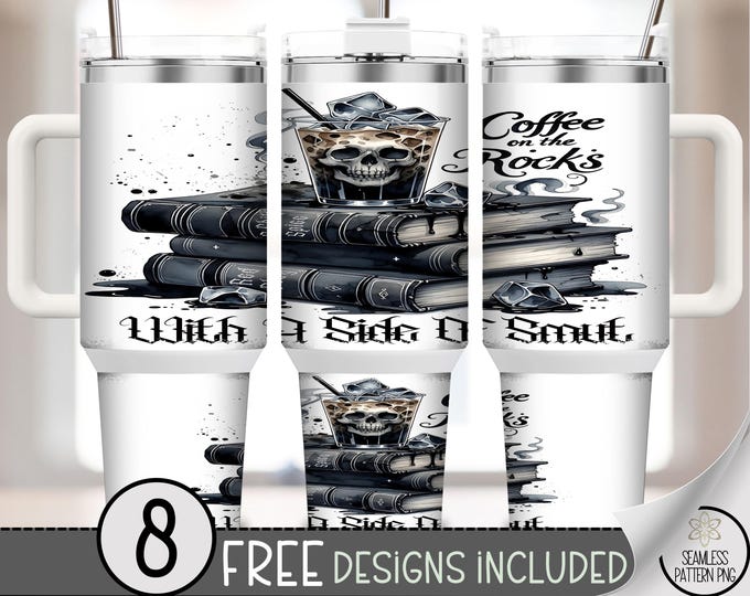 Coffee on the Rocks 40 oz Tumbler Wrap PNG, Gothic Iced Coffee with Skull & Books, Dark Academia Sublimation for Spooky Coffee Lovers, A346