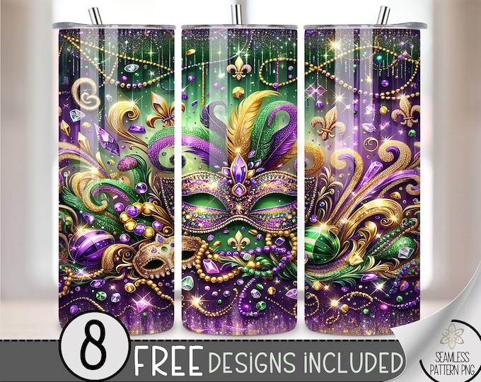 Mardi Gras Tumbler Wrap Png, Seamless 20 Oz Skinny Tumbler Sublimation Design, Western Tumbler Wrap Fleur De Lis, Colorful Mask Tumbler Wrap