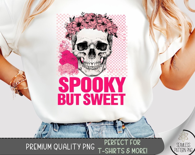 Halloween Spooky But Sweet Skull T-Shirt Design, Floral Skull Sublimation Graphic, Pink Goth Vibes, DTF Print for Apparel and Crafts A424
