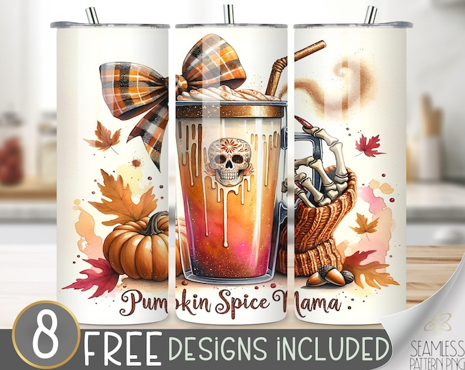 Plaid Coquette Bow Tumbler Wrap, Pumpkin Spice Mama 20 oz Tumbler Sublimation Designs, Pumpkin Tumbler File, Skeleton Autumn Tumbler Design