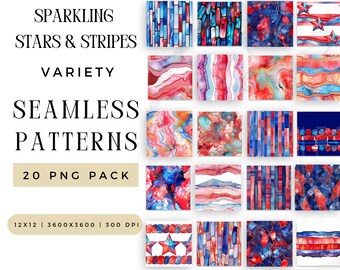 Digital Sparkling Stars & Stripes Seamless Pattern PNG Bundle, Stripe Sublimation File, Bright 4th of July Repeating Pack Commercial Use