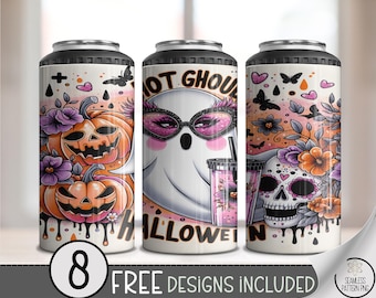 Hot Ghoul Halloween 4-in-1 Can Cooler Wrap PNG – Ghost with Sunglasses, Pumpkins, Flowers, Sugar Skull, Cute Sublimation Design, A395